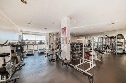 Dedicated fitness center featuring ample cardio equipment, weight training machines, a free weight area, reflective wall panels, and large perimeter windows - 