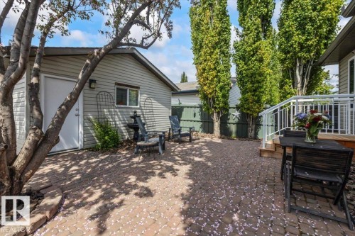 Paved patio area featuring brick pavers, a mature tree, and a detached garage with siding - 1086 Grantham Drive, Edmonton, AB 