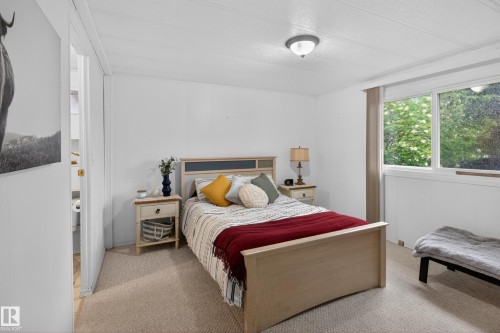 Light-filled room featuring carpeting, white paneling, and a window with green outdoor scenery - 21 Willowdale Drive, Edmonton, AB - Indoor Photo Showing Bedroom