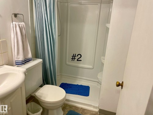 Bathroom featuring a shower stall with built-in shelving, white toilet, and a vanity with an integrated sink - 10017 113 Street, Edmonton, AB 