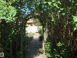 Garden archway with overgrown foliage, leading to a wooden pathway and white picket fence - 