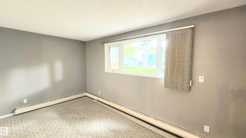 Spacious room featuring neutral gray walls, a textured carpet, and white baseboard heating units - 8824 90 Street, Edmonton, AB 
