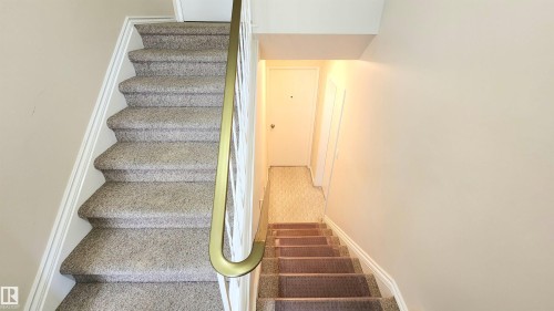 Carpeted staircase with white risers and a brass-toned handrail - 8824 90 Street, Edmonton, AB 
