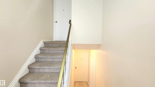 Carpeted staircase featuring a brass handrail and white trim - 8824 90 Street, Edmonton, AB 