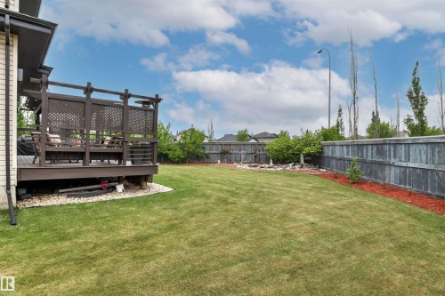 Expansive backyard featuring a large elevated deck with lattice privacy screening, a manicured lawn, perimeter fencing, and mature landscaping - 5709 Mcluhan Bay, Edmonton, AB 