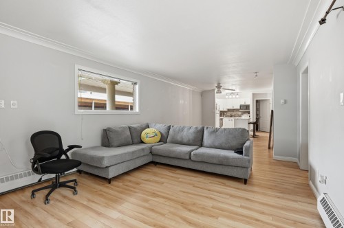 Bright living area featuring wood-finish flooring, white crown molding, and light gray wall paint - 33 9914 80 Avenue, Edmonton, AB - Indoor Photo Showing Living Room