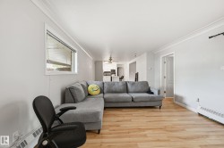 Open-concept living area with wood-finish flooring, light gray walls, and white crown molding - 