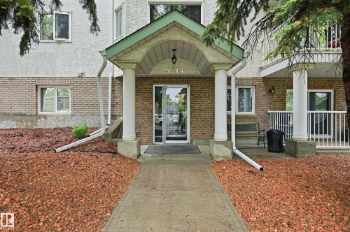 Building entrance with an arched portico, supported by two white columns, and a glass entry door - 33 9914 80 Avenue, Edmonton, AB - Outdoor