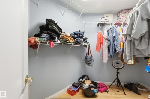 Walk-in closet featuring light blue walls and wood-finish flooring - 33 9914 80 Avenue, Edmonton, AB - Indoor With Storage