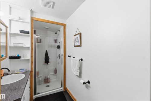 Bathroom featuring a glass-enclosed shower with white surround, a single vanity with a white basin and dark speckled countertop, and open shelving - #17 A 15031 Twp Road 462, Rural Wetaskiwin County, AB - Indoor Photo Showing Dining Room