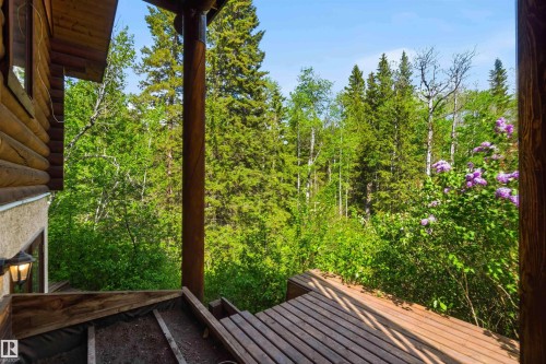 Wood-finish plank deck featuring a prominent log cabin-style exterior wall and an outdoor wall-mounted light fixture, all surrounded by dense, mature trees and foliage - #17 A 15031 Twp Road 462, Rural Wetaskiwin County, AB - Outdoor With Deck Patio Veranda
