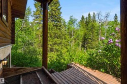 Wood-finish plank deck featuring a prominent log cabin-style exterior wall and an outdoor wall-mounted light fixture, all surrounded by dense, mature trees and foliage - 
