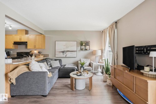 Open-concept living area featuring wood-finish flooring, a kitchen pass-through with a built-in countertop, light wood cabinetry, and a window with drapery - 164 150 Edwards Drive, Edmonton, AB - Indoor Photo Showing Living Room