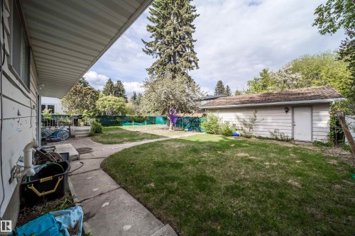 Expansive backyard featuring a concrete pathway, a detached outbuilding with a shingled roof, mature trees, and a green perimeter fence - 6403 132 Street, Edmonton, AB - Outdoor