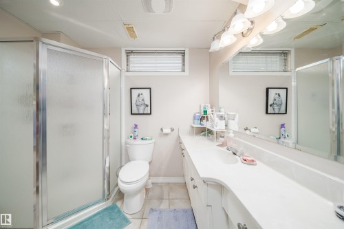 Bathroom featuring a white vanity with integrated sink, a large wall mirror, and a shower enclosure with frosted glass panels - 6403 132 Street, Edmonton, AB - Indoor Photo Showing Bathroom