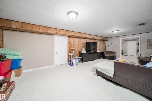 Finished basement living area featuring wood paneling accents, recessed ceiling lighting, and soft carpeting - 6403 132 Street, Edmonton, AB - Indoor Photo Showing Other Room