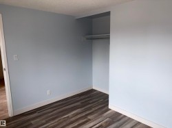 Interior space featuring wood-finish flooring, light blue wall paint, white baseboards, and an open closet with a hanging rod - 