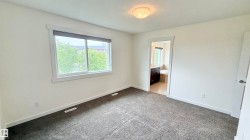 Spacious room featuring neutral carpeting, white walls, and a large window with roller shades - 