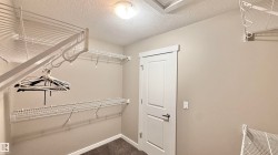 Spacious closet featuring white wire shelving, hanging rods, light gray walls, and dark carpet flooring - 