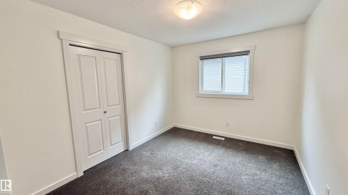 Bright room featuring neutral wall tones, dark textured carpeting, a double bifold closet, and a window with blinds - 3962 Claxton Loop, Edmonton, AB - Indoor Photo Showing Other Room