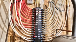 Radiant heating manifold system featuring multiple PEX lines, a central distribution panel, and integrated shut-off valves - 