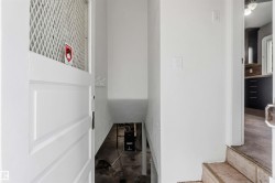 White paneled door with a diamond-patterned mesh insert, opening to a descending staircase with concrete flooring - 