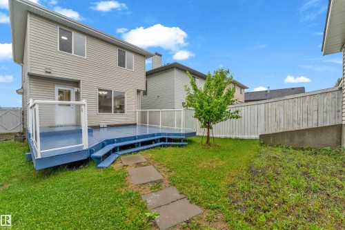 Spacious backyard featuring a multi-level blue deck with clear panel railings - 3134 30 Avenue Nw, Edmonton, AB 