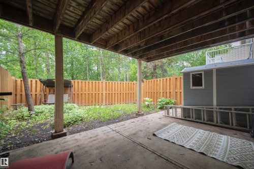 Concrete patio with a wood-plank ceiling, featuring a wood privacy fence and mature trees - 31 Royal Road, Edmonton, AB 