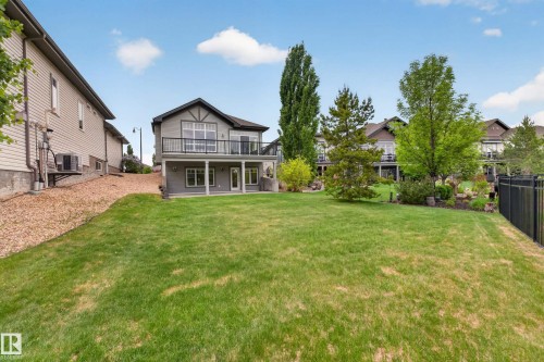Expansive backyard featuring a manicured lawn, mature trees, and a black metal fence - 624 Cantor Landing Landing, Edmonton, AB 