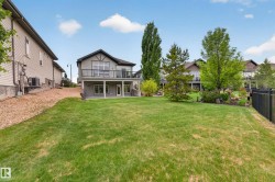 Expansive backyard featuring a manicured lawn, mature trees, and a black metal fence - 