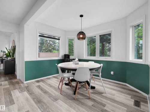 Dining area featuring wood-finish flooring, a contemporary pendant light fixture, and a multi-window wall with white trim and a green accent band - 208 Ferguson Place, Edmonton, AB 