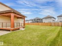 Expansive backyard featuring a covered deck with glass panel railings, a large manicured lawn, and a perimeter wood fence - 3101 Pelerin Crescent, Beaumont, AB 