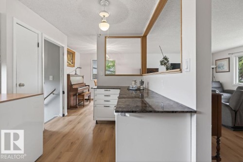 Kitchenette with dark stone-finish countertop, white base cabinetry, and wood-finish flooring - 123 Grandin Drive, Morinville, AB 
