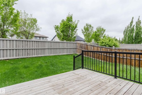 Expansive wooden deck with black metal railings overlooking a sizable lawn area - 1957 Ainslie Link, Edmonton, AB 