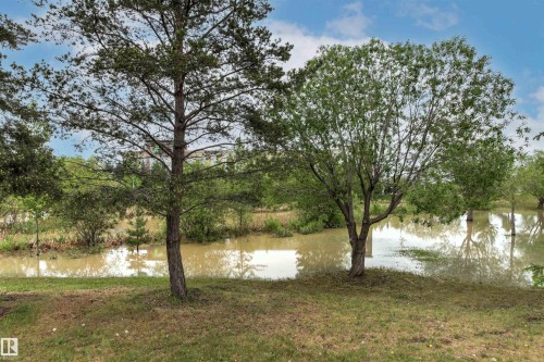 Grassy perimeter with mature trees overlooking a reflective water feature - 32 Lamplight Bay, Spruce Grove, AB 