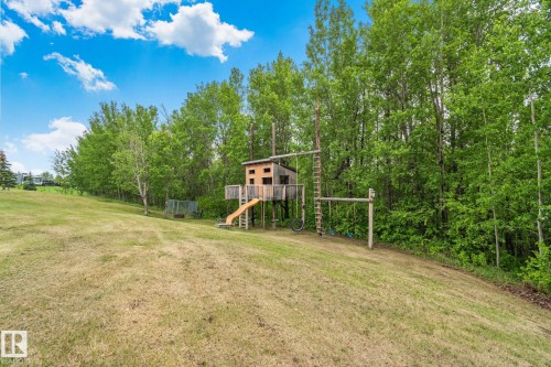 Expansive sloped lawn area with mature trees and a custom-built play structure featuring a slide and swing components - 14 53122 Rge Road 14, Rural Parkland County, AB 