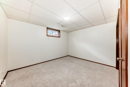 Neutral-toned carpeting extends throughout the space, complemented by white wall panels and a white drop ceiling - 12022 62 Street, Edmonton, AB 