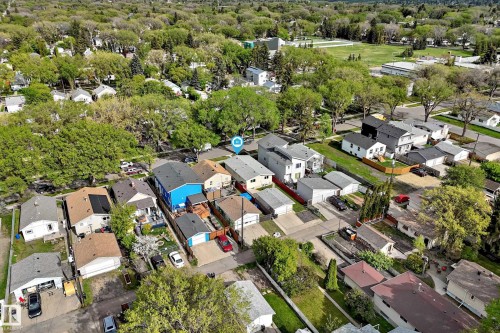 Aerial perspective of a residential neighborhood featuring detached homes on individual lots - 12022 62 Street, Edmonton, AB 