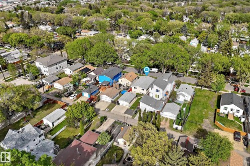 Aerial view of a residential neighborhood with a mix of single-family homes and multi-story dwellings - 12022 62 Street, Edmonton, AB 