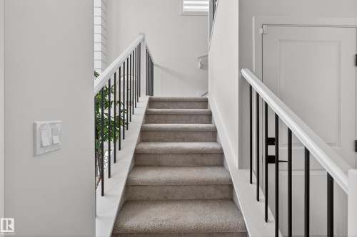 Carpeted staircase with dark metal balusters and white handrails - 17023 45 Street, Edmonton, AB 
