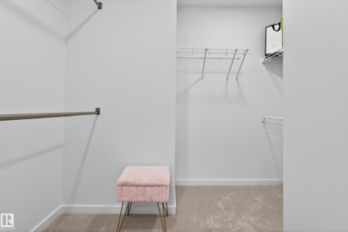 Spacious closet with light neutral wall paint, warm-toned carpeting, built-in wire shelving, and chrome hanging rods - 17023 45 Street, Edmonton, AB 