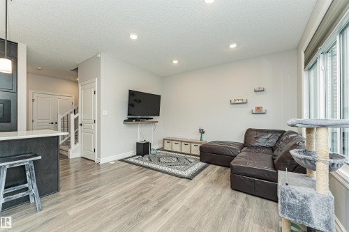 Living area with wood-finish flooring, recessed lighting, and a large window - 8744 223 Street Nw, Edmonton, AB 