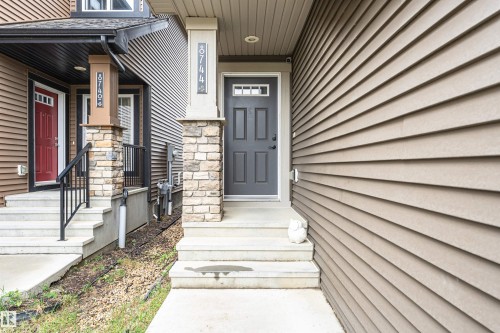Contemporary entry with a dark gray paneled door and frosted glass insert - 8744 223 Street Nw, Edmonton, AB 