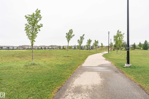 Paved walking path winding through a green space with young trees and streetlights, set against a backdrop of distant residential homes - 8744 223 Street Nw, Edmonton, AB 