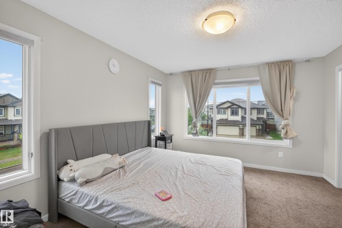 Carpeted bedroom featuring light gray walls and multiple windows, including a large picture window - 1404 25 Avenue, Edmonton, AB 