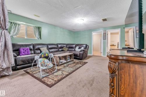 Spacious living area featuring light green walls and carpeted flooring - 3519 22 Street Nw, Edmonton, AB 