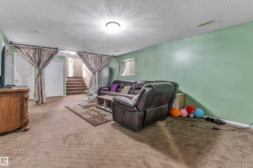 Lower-level living space featuring wall-to-wall carpeting, light green walls, a textured ceiling, and a built-in window with horizontal blinds - 3519 22 Street Nw, Edmonton, AB 