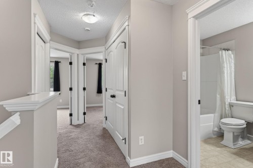 Hallway featuring light gray walls, white trim, and textured carpeting - 64 South Creek Wynd, Stony Plain, AB 