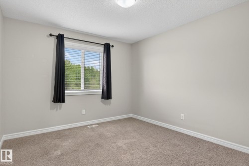 Bright room featuring a window with horizontal blinds, neutral-toned walls, plush carpet flooring, white baseboards, and a ceiling-mounted light fixture - 64 South Creek Wynd, Stony Plain, AB 
