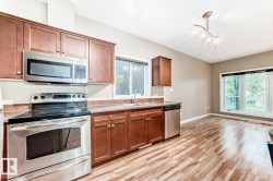 Kitchen featuring wood cabinetry, stainless steel appliances, dark countertops, and wood-finish flooring - 